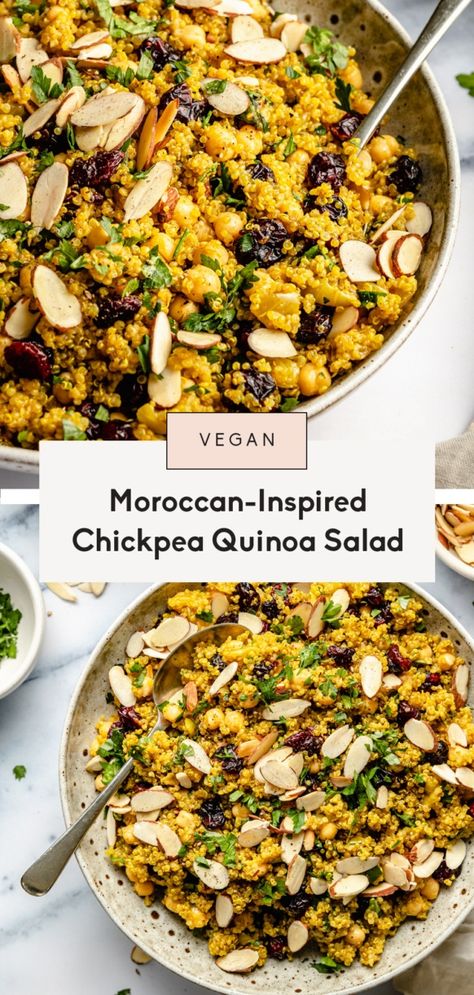 Sweet & savory 30-minute Moroccan-inspired chickpea quinoa salad made in one pot. This vegan chickpea quinoa salad recipe packs plenty of plant-based protein and delicious, global flavors from cumin, turmeric and cinnamon. The perfect vegetarian meal to prep for lunch! Vegan Salad Protein, Vegan Protein Salad Recipes, Moroccan Quinoa Salad, Protein Meal Prep Vegetarian, Quinoa Lentil Recipes, Quinoa Slow Cooker Recipes, Quinoa Lunch Recipes, Indian Quinoa, Quinoa Meal Prep