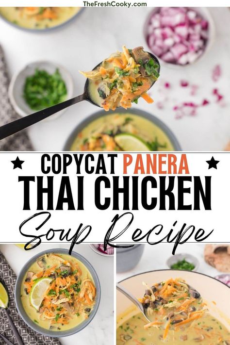 Our favorite Thai Chicken Soup, a Copycat Panera Thai soup. Easily made in under an hour, this easy soup is a fantastic lunch or light dinner. Save the recipe. Chicken Soup Panera, Panera Thai Chicken Soup, Thai Style Chicken, Soup Panera, Tom Kha Soup, Chicken Coconut Soup, Thai Coconut Chicken Soup, Coconut Broth, Panera Copycat