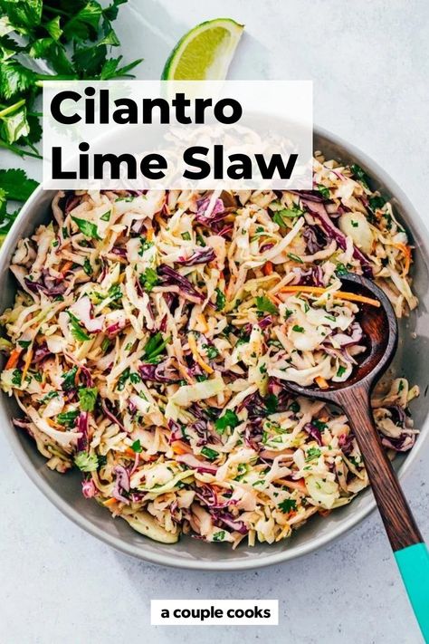 This cilantro lime slaw is fresh and zingy, with just the right pop from the citrus! It's great as a side dish or taco filling. #cilantrolimeslaw #coleslaw #coleslawrecipe #slawrecipe #cilantrolimecoleslaw #sidedish #easyside #healthyside #picnic #pitchin Citrus Coleslaw Recipe, Cabbage Recipes Vegetarian, Recipes Cabbage, Best Coleslaw Recipe, Lime Slaw, Healthy Vibes, Taco Filling, Cilantro Lime Slaw, Winter Salad Recipes