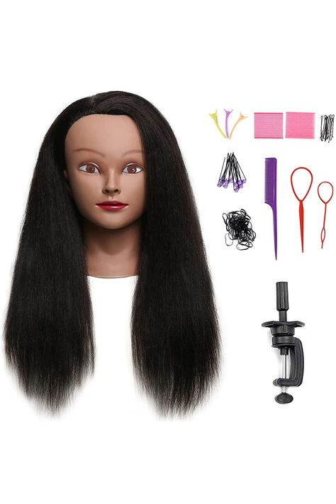 SOPHIRE 100% Real Hair Mannequin Head Training Head with stand, 18&#34; Hairdresser Cosmetology Mannequin Manikin Training Practice Head Doll for Female Hairstyling - Black Hair Mannequin, Medium Layered Haircuts, Mannequin Head, Round Face Haircuts, Mannequin Heads, Real Hair, Hair Strand, Doll Hair, Doll Head