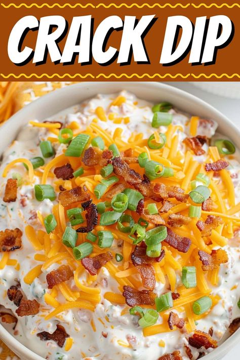 This addictive crack dip is ready in just 5 minutes! Loaded with bacon, cheese, onions, and ranch seasoning, it's impossible to resist! Ranch Dip With Bacon And Cheese, Bacon Ranch Dip Recipe, Loaded Ranch Dip, Garbage Dip Recipe, Cold Dips For Crackers, Easy Savory Finger Foods, Dips With Bacon, Cracked Dip, Diy Ranch Dip