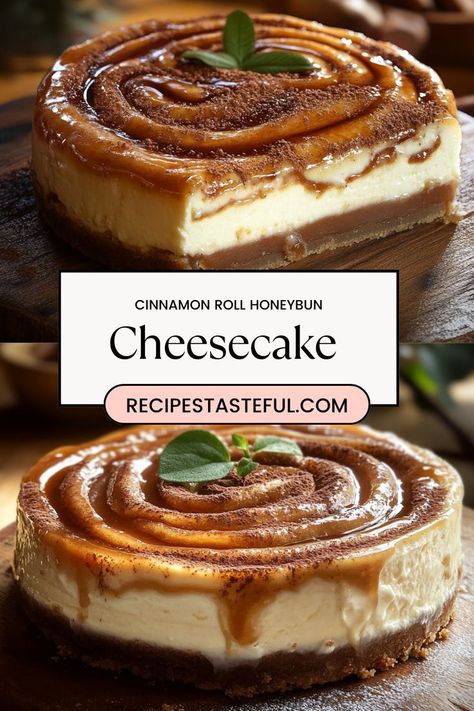 This Cinnamon Roll Honeybun Cheesecake is an indulgent dessert that blends the creamy richness of cheesecake with the warm, spiced flavors of a cinnamon roll. Featuring a buttery graham cracker crust, a swirl of cinnamon, and a sweet glaze on top, this show-stopping treat is perfect for any occasion. Its beautiful marbled appearance and irresistible flavors will leave everyone impressed and craving more! Cinnamon Swirl Cheesecake, Cinnamon Roll Cupcakes, Cinnamon Cheesecake, Cinnamon Roll Cheesecake, New Year's Desserts, Xmas Desserts, Sweet Glaze, Mini Cheesecake Recipes, Baked Cheesecake Recipe