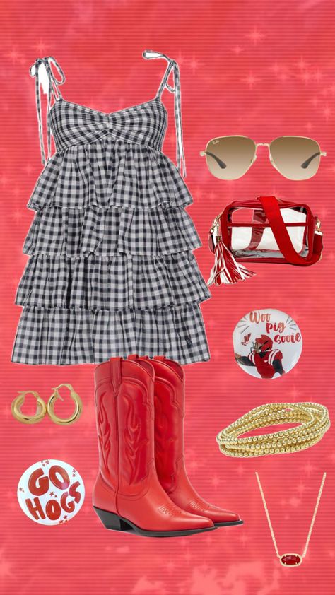 #redandblack #ootd #outfitinspo #arkansas #texastech #gameday #college Gameday Outfit Arkansas, Arkansas Gameday Outfit, University Of Arkansas Aesthetic, Red Gameday Outfit, Arkansas Game Day Outfit, Sec Gameday Outfits, Arkansas Game Day, College Gameday, Game Day Outfit