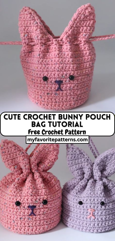 Cute Crochet Bunny Pouch Bag Tutorial Crochet Bunny Drawstring Bag, Crochet Bunny Pouch, Crocheted Easter Bunny, Crochet Easter Bag, Crochet Bunny Bag Free Pattern, Crochet Animal Bags Free Pattern, Bunny Bag Crochet, Crocheted Easter Items, Bunny Crochet Bag