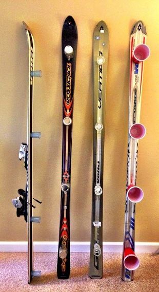 How to Build the Ultimate Shot Ski | HuffPost Life Ski Shot Board Diy, Diy Shotski, Diy Shot Ski, Shot Ski Design Ideas, Shotski Design Ideas, Old Skis Ideas, Ski Lodge Christmas, Nye 2025, Lodge Christmas