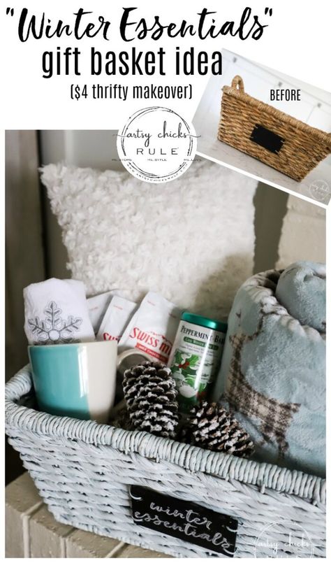 $4 Winter Basket Makeover (pillow holder, cozy throw keeper or gift idea!) - Artsy Chicks Rule® Diy Blanket Gift Basket, Raffle Basket With Blanket, Cozy Blanket Gift Basket, Christmas Blanket Gift Basket, Throw Blanket Gift Basket Ideas, Blanket Basket Ideas, Gift Basket With Blanket, Blanket Gift Basket, Winter Basket