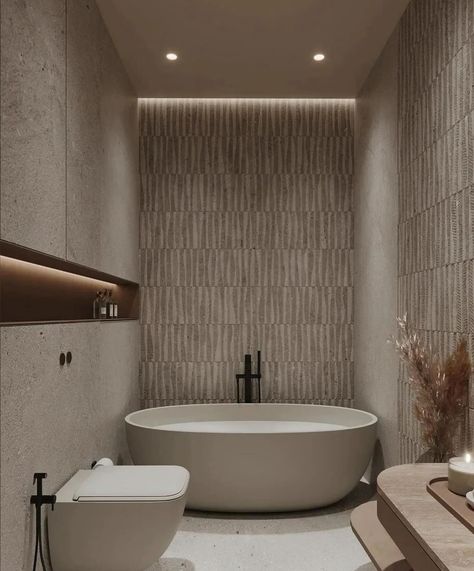 Discover a beautiful bathroom with stylish LED lighting, rounded shapes, textured walls, and chic black accents on beige interiors. Every detail radiates pure luxury 👌🏼 Follow @lyxvillan for more inspiration Credit: @tawazon_architects #luxuryliving #luxurybathroom #luxurybathrooms #modernbathroom #lightingdesign #lightingideas #lightinginspiration #bathroomlighting Luxurious bathroom, LED lighting, rounded shapes, textured walls, black accents, beige interiors, stylish design, elegant b... Minimalist Interior Design Bathroom, Modern Beige Interior, Modern Sleek Bathroom, Tawazon Architects, Beige And Black Bathroom Ideas, Black And Beige Bathroom, High End Bathroom Design Luxury, Beige Black Interior, Modern Bathroom Lighting Ideas