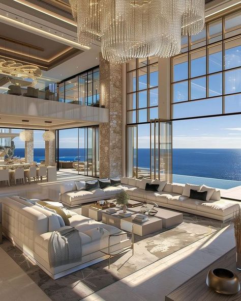 ♔ Penthouse sur la Plage ♔ Beach Penthouse Luxury Homes Dream Houses Mansions, Luxury Beach House Interior, Mountain Living Room, Penthouse Aesthetic, Dream House Mansions, Mansion Living, Houses Mansions, Luxurious Mansion, Beach Mansion