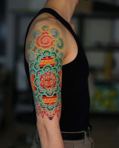 Mosaic Tattoo, Vibrant Tattoos, Korea Tattoo, Unique Half Sleeve Tattoos, Korean Tattoo Artist, Korean Tattoos, Half Sleeve Tattoos For Guys, Iconic Artwork, Korean Culture