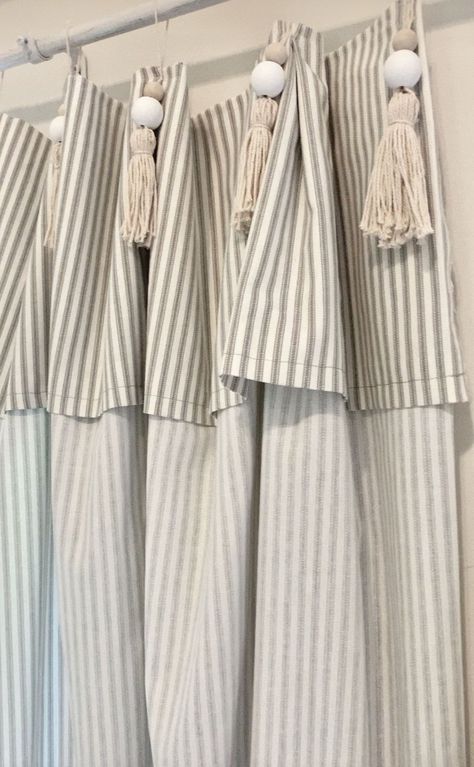 Curtains With Tassels, Cortinas Country, Ticking Stripe Curtains, Pottery Barn Diy, Cortina Boho, Cortinas Boho, Curtains Diy, Pottery Barn Inspired, Diy Pipe