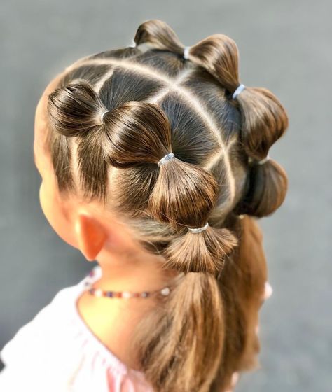 20 Cute And Easy Little Girl Hairstyles That Will Last All Day Wacky Kids Hair Ideas, Wedding Hair For Toddler Girl, Hairstyles To Do For Picture Day, Fun Toddler Hairstyles, Kid Hairstyles With Bangs, Kids Up Do, Hair Ideas For Little Kids, Dance Show Hairstyles, Simple Hairstyles For Girls Kids