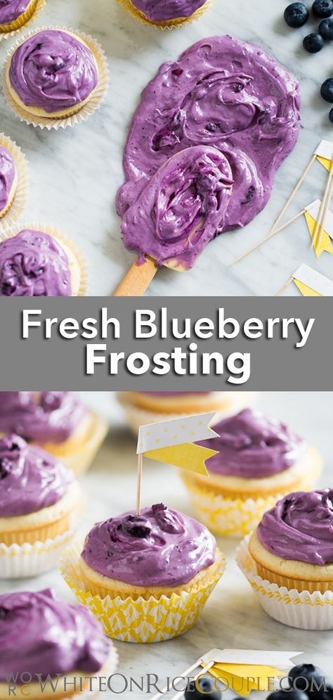 Fresh Blueberry cream cheese frosting recipe @whiteonrice Blueberry Frosting Recipe, Blueberry Icing, Blueberry Cream Cheese Frosting, Moist Cupcake Recipes, Fresh Blueberry Recipes, Blueberry Frosting, Work Recipes, Cheese Frosting Recipe, Macaron Filling