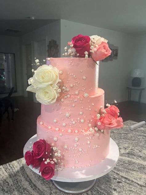 Pink Floral Cake, 3 Tier Birthday Cake, Cake 3 Tier, Birthday Cake Roses, Graduation Party Cake, Tiered Cakes Birthday, 21st Cake, Multicolor Flowers, Sweet 16 Birthday Cake