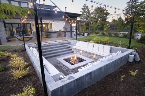 Luxurious Backyard Landscaping, Sunken Fire Pit With Seating, Fire Pit With Seating, Firepit Design, Sunken Fire Pit, Luxurious Backyard, Sunken Patio, Sunken Fire Pits, Outdoor Fire Pit Designs