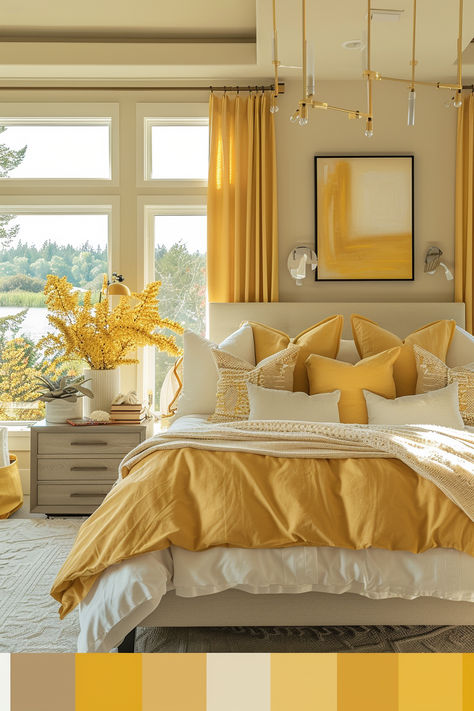 Explore paint shades from soft pastels to bold hues that transform your bedroom into a vibrant and inviting haven Yellow Master Bedrooms Decor, White And Yellow Home Decor, Bedroom With Yellow Accents, Green Yellow Bedroom, Yellow And White Bedroom, Colourful Bedroom Ideas, Aphrodite Vibes, Room Colour Schemes, Yellow Bedrooms