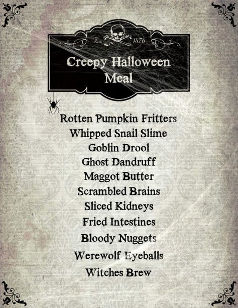 Creepy Halloween Meal Tradition With Printables! (she: Veronica) - Or so she says... Spooky Menu Ideas, Party Food Ideas For Adults, Halloween Meal, Creepy Food, Creepy Halloween Food, Recipes Halloween, Spooky Halloween Food, Halloween Menu, Appetizers For Kids