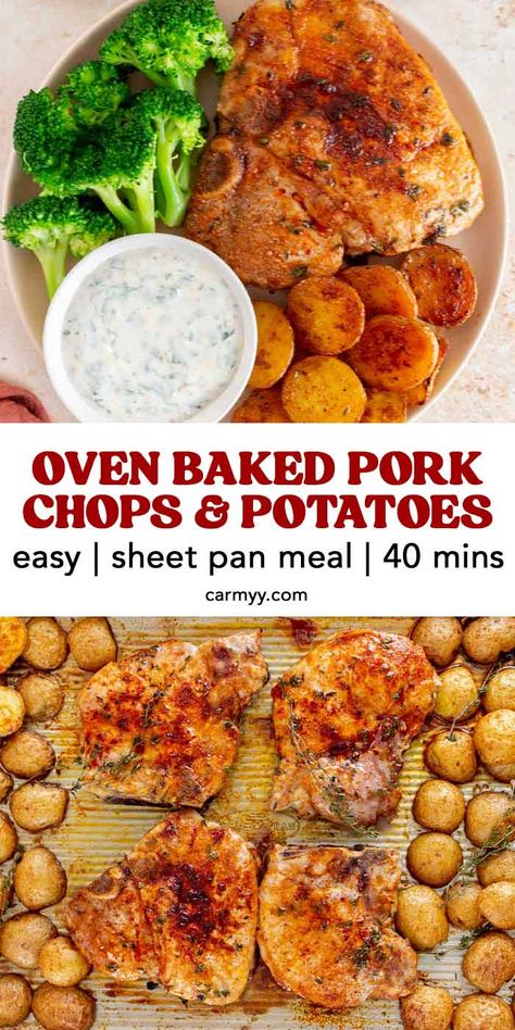 You only need a handful of ingredients to make this delicious oven baked bone-in pork chops with potatoes. It’s flavorful, easy, and comes together on a single sheet pan! You’ll love how juicy the tender bone-in pork chops are and how irresistibly crispy the potatoes get.  Made with kitchen staples, this oven baked bone-in pork chops recipe is a flavorful sheet pan meal that is one of my favorite things to make on a busy weeknight. It comes together so quickly and easily! Pork Loin Chop Recipes Oven, Oven Roasted Pork Loin Chops, Oven Roasted Pork Chops And Potatoes, Pork Chops No Bone, Pork Chop Recipes Baked Bone In With Potatoes, Roasted Pork Chops And Potatoes, Pork Loin Chops Bone In, Boneless Pork Loin Chops Recipes In Oven, Boneless Pork Chops And Potatoes In Oven