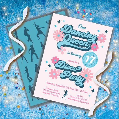 Dancing Queen Disco Party, Dancing Queen Birthday Invitations, You Are The Dancing Queen, Dancing Queen Birthday Party, Dancing Queen Birthday, Dancing Queen Party, 17th Birthday Party Ideas, Queen Birthday Party, Retro Invitation