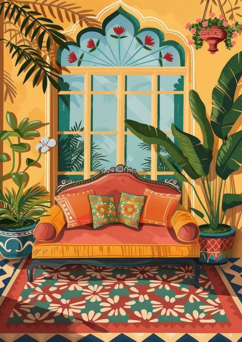 Indian traditional mughal pichwai art architecture furniture painting. | premium image by rawpixel.com / juju. Mughal Garden Painting, Indian Architecture Painting, Mughal Illustration, Indian Paintings Traditional, Indian Canvas Painting, Mughal Elements, Pichwai Wallpaper, Mughal Patterns, Jharokha Art