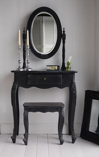 . Diy Gothic Vanity, Gothic Vanity, Black Dressing Table, Black Antique Vanity, Goth Vanity Desk, Goth Furniture, Dream Witch, Gothic Makeup Vanity, French Bedroom Furniture