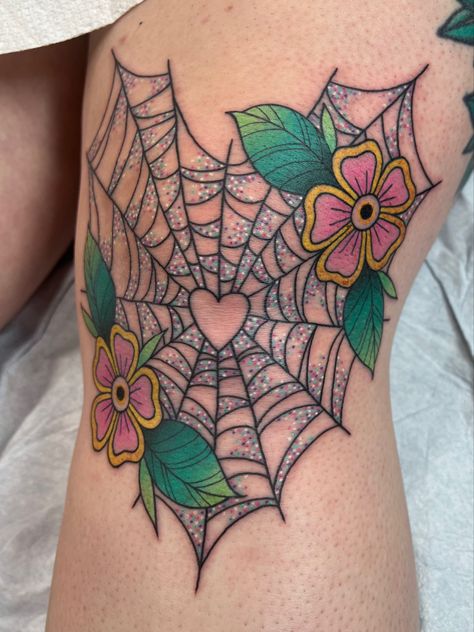 Colored Spider Web Tattoo, Cute Spider Web Tattoo, Lace Spider Web Tattoo, Girly Spider Web Tattoo, Heart Cobweb Tattoo, Neo Traditional Knee Tattoo, Color Wheel Tattoo Hairstylist, Spiderweb Butterfly Tattoo, Girly Knee Tattoo