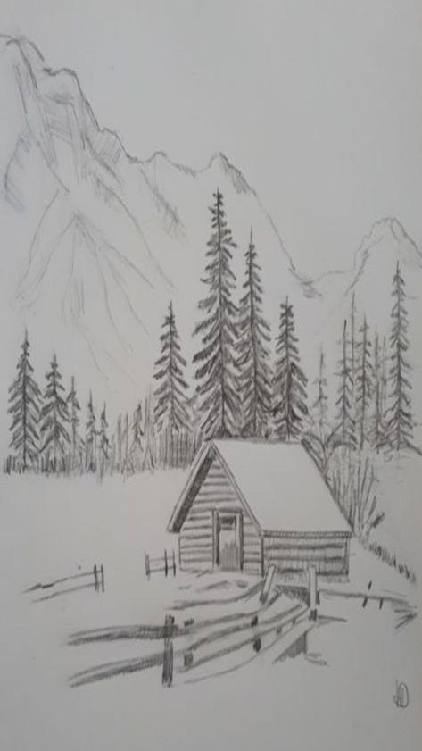 Easy Drawings Of Nature Sketch, Winter Drawing Ideas Sketch Easy, Winter Sketches Pencil, Winter Landscape Drawing Easy, Landscape Sketch Pencil Nature, Pencil Sketches Landscape Easy, Drawing Landscapes Pencil, Mountain Drawing Sketches, Winter Drawing Ideas Sketch