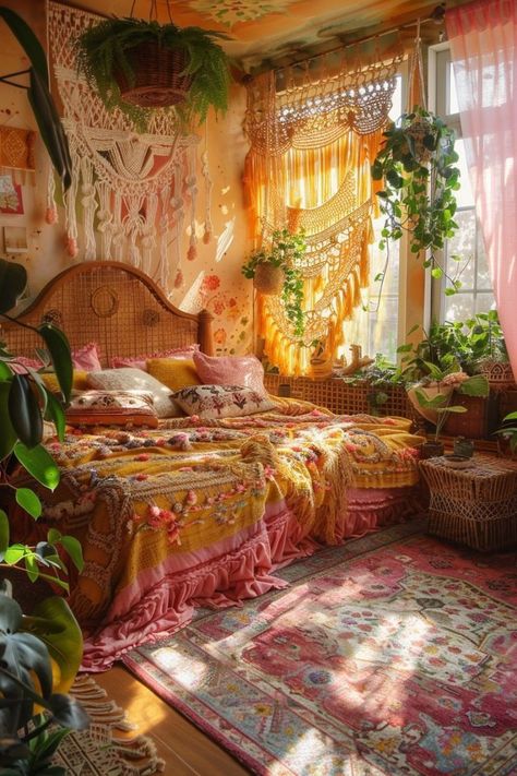 Nature Inspired Bedroom Bohemian, Earthy Boho Dorm Room, Boho Vibe Bedroom Ideas, Colorful 70s Bedroom, Colorful Bedroom With Plants, Earthy Colorful Bedroom, Pink Orange Yellow Decor, Yellow And Pink Room Aesthetic, Bohemian Pink Bedroom