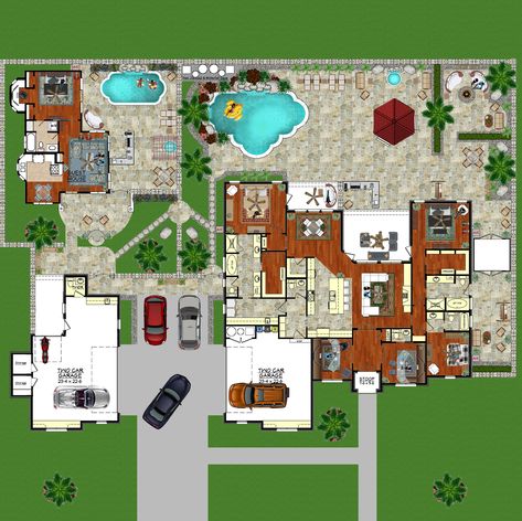 3-19-2018 - Latest Lotto Dream Layout.  Multigenerational Design -Main house, 2 master bedrooms, 1 guest suite (no closet - could also be used as an Exercise or Game Room) and 2 Office spaces with an attached 2 car Garage.   Second House (my sons entertainment space - a place to live or simply entertain his buddies in where he/they won't mess up the main house or my garage with his various "projects") has 1 Bedroom, a smaller Pool and a larger detached 2 Garage with plenty of  space. Main House And Guest House, Floor Plan With Attached Guest House, Guest House Attached To Main House, Houses With Guest House, House With Attached Guest House, Family Compound Layout, House With Guest House, Family Compound Ideas Layout, Dream House Layout