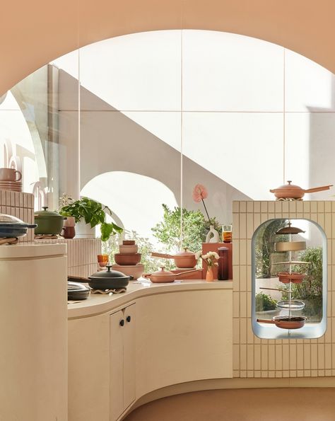 Large sweeping arches on the windows and curving counters wrapped in colorful tile convey a sense of being inside a warm and welcoming kitchen. @ourplace . . . #experientialdesign #retaildesign #interiordesign #ourplace #ringostudio Curved Kitchen Counter, Welcoming Kitchen, Colorful Tile, Cafe Window, Curved Kitchen, Colourful Tile, Nursing Home, Retail Design, Kitchen Counter