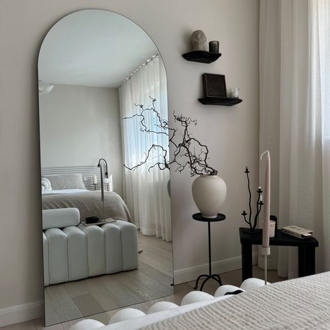 Product Description The Edge Arched Mirror, measuring 180cm x 80cm, features a sleek frameless design that adds modern elegance to any space. Its arched top and expansive reflective surface brighten rooms by beautifully amplifying natural light, making your space feel more open and inviting. Versatile and stylish, the Edge fits seamlessly in hallways, bedrooms, or living areas, complementing both contemporary and traditional interiors. Easy to install with secure fittings, this mirror offers sta Lean To Mirror Bedrooms, Mirror Opposite Bed, Arched Mirror Bedroom, Arch Mirror Bedroom, Minimalistic Modern Bedroom, Frameless Arch Mirror, Mirrors In Bedroom, Long Mirror In Bedroom, Full Lenght Mirror