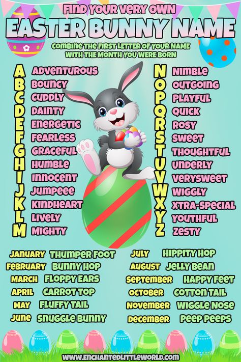 A fun name generator in which after matching the first initial of your name along with the month you were born you get idea's for your fun Easter Bunny name. Funny Easter Bunny Names, Easter Bunny Name, Funny Easter Bunny, Rabbit Names, Bunny Names, Hunny Bunny, Easter Printables Free, Kids' Games, Funny Bunny