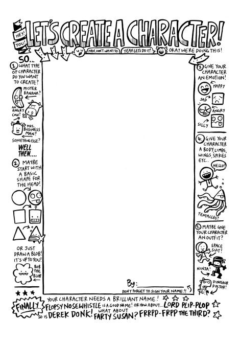 Creating A Character Worksheet, Create A Book Character, Comic Club Ideas, Year 6 Writing, Art Class Worksheets, Art Contest Ideas, School Club Ideas, English Club Activities, Art Club Ideas