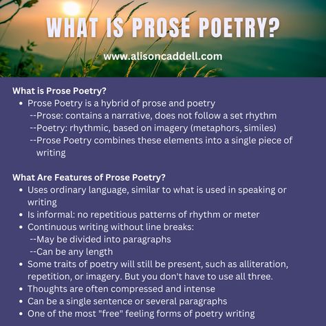 The Writing for Healing Poetry Challenge centers around prose poetry, as a way to encourage healing and recovery. Here is an explanation of prose poetry. How To Poetry, Prose Poetry Writing, Writing A Poetry Book, Poetry Writing Tips, Slam Poetry Prompts, Tips For Writing Poetry, Poetry Types, Poetry Structure, Poetry Forms