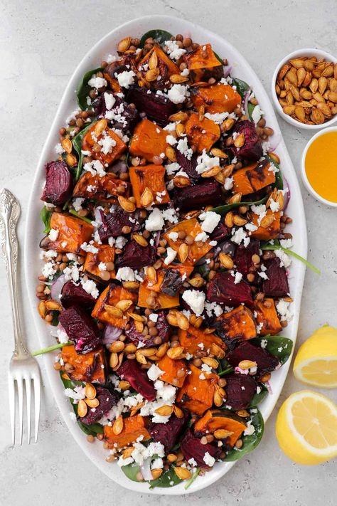 Roasted Beetroot & Pumpkin Salad – Goodness Avenue Pumpkin Beetroot Feta Salad, Vegan Autumn Salad, Cold Christmas Lunch Ideas, Amazing Dinner Recipes, Pumpkin And Feta Salad, Roast Pumpkin Salad, Roasted Beetroot, Beetroot Recipes, Winter Salad Recipes