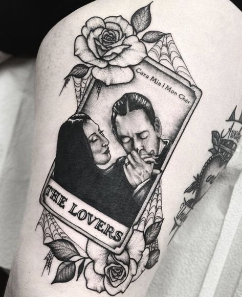 The Lovers Halloween Tattoo, Morticia And Gomez The Lovers Tattoo, Tara Cards Tattoo, Morticia Addams Pinup Tattoo, Horror Movie Couple Tattoos, The Lovers Morticia And Gomez Tattoo, Gomez And Morticia Tattoo Ideas, Meaningful Arm Sleeve Tattoos For Women, The Lovers Tarot Card Tattoo Morticia And Gomez