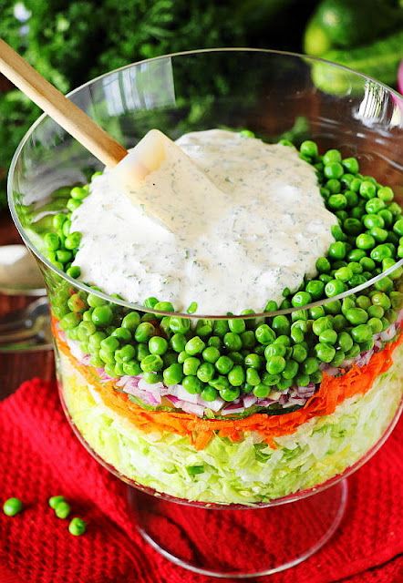 Spreading Dressing Over Make-Ahead Layered Salad Layers Image Make Ahead Hearty Six Layer Salad, Seven Layered Salad Classic, Seven Layer Salad Recipe, 7 Layer Salad Recipe, Salad For A Crowd, Deli Salads, 7 Layer Salad, Layer Salad, Seven Layer Salad