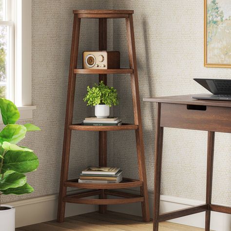 Add functional style to any corner of your home with this Haverhill Corner Accent Shelf from Threshold™. Featuring an angled design, this corner accent shelf features three open shelves and a top shelf to display framed photos, souvenirs or other decorative items. Designed in a clean-lined sleek silhouette in a brown stained finish, this wooden corner shelf easily blends with different decor styles. Threshold™: Looks like home, feels like you. Overall Width: 15" Overall Depth: 15" Overall Height Small Corner Table Ideas, Mid Century Corner Shelf, Corner Shelf For Plants, Corner Shelves Dining Room, Corner Decorating Ideas Entryway, Decorating A Corner Space In Living Room, Hallway Corner Decor, Corner Table Ideas, Corner Shelf Ideas Living Room