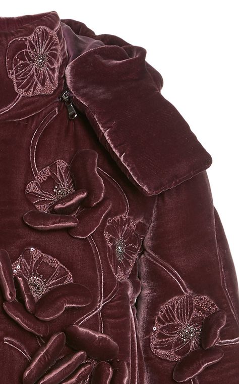 Floral Velvet Cropped Puffer Jacket by J. Mendel | Moda Operandi Velvet Embroidery Design, Embroided Jacket, Embroidery On Velvet, Diy Embroidery Shirt, Embroidered Summer Dress, Velvet Embroidery, Velvet Sleeve, Embellished Sweatshirts, Cropped Puffer Jacket