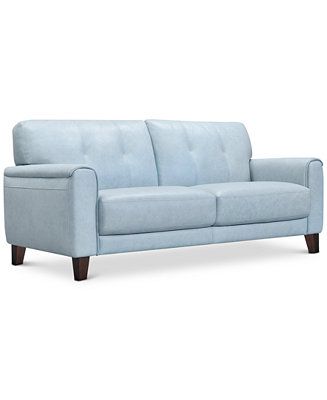 Light Blue Leather Sofa, Light Blue Leather Couch, Coastal Couches, Baby Blue Sofa, Beachy Living Room Ideas, Light Blue Couch, Blue Leather Couch, Turquoise Couch, Blue Sofa Living