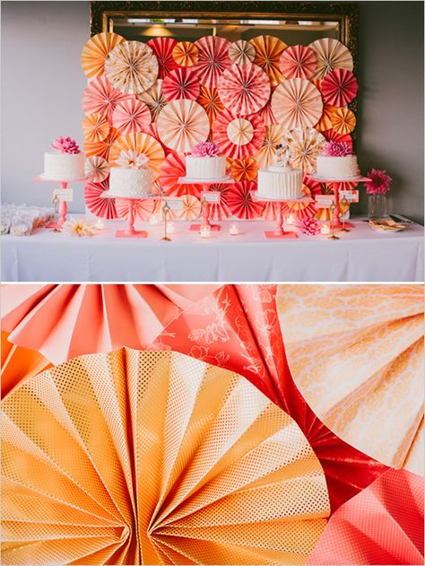 orange and pink cake table Pinwheel Wedding, Pink Dessert Tables, Events Theme, Paper Pinwheels, Pink Desserts, Food Fest, Prom 2020, Paper Fan, Events Ideas