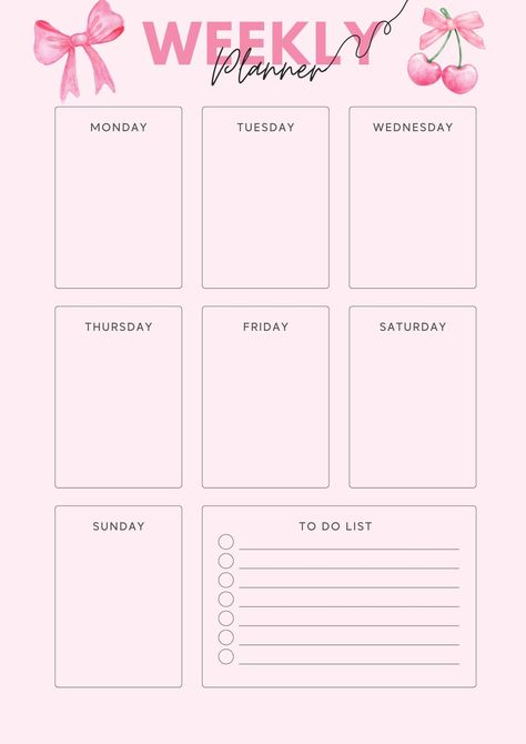 Weekly digital planner, pink theme with daily boxes and a to do list, coquette theme, pink theme, daily organisation, work and school planner Cute Planners For School, Good Layout Design, To Do Weekly List, Weekly Layout Planner, Pink Weekly Planner Template, Pink Planner Template, Weekly Planner Free Printable Aesthetic, Aesthetic Daily Planner Template Pink, Week Planner Ideas