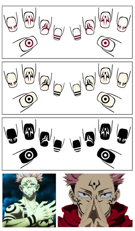 Anime Short Nail Designs, Manga Nails Design, Rengoku Inspired Nails, Anime Design Nails, Anime Nail Inspiration, Cute Nails Anime, Inspired Nails Anime, Jujitsu Kaisen Nail Art, Sukuna Nails Acrylic