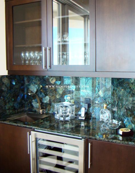 Electric Midnight Labradorite Kitchen Labradorite Kitchen, Penny Table, Kitchen Slab, Granite Backsplash, Living Room Kitchen Decor, Stone Dining Table, Stone Kitchen, Wet Bars, Handmade Kitchens