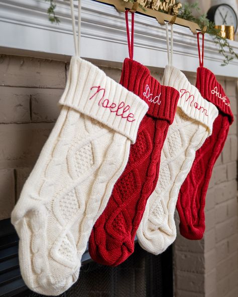 Update your Christmas mantle with some custom hand embroidered cable knit stockings.  These stockings will fit in perfect with any classic, nordic, boho, or classy Christmas decor. These stockings come in a dark red or ivory color in the chunkiest cable knit sweater material.  These stockings are stretchy and should have plenty of space when it comes time to fill them =) Stockings Aesthetic, Classy Christmas Decor, Nordic Boho, Matching Stockings, Embroidered Stockings, White Christmas Stockings, Green Stockings, Embroidery Red, Stockings Christmas