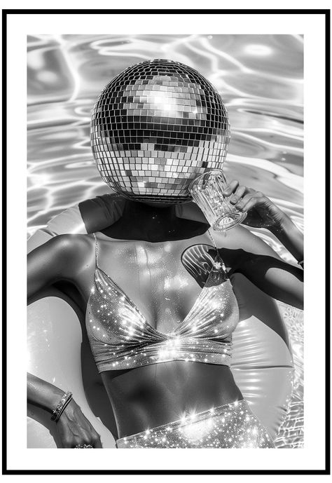 pool party poster Cool Wall Pictures, Black And White Pool Party, Party Poster Ideas, Pool Party Looks, Womens Poster, Chic Posters, Disco Ball Head, Uni Posters, Pool Party Aesthetic