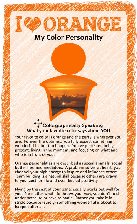 You ♥ orange!  You are spontaneous and life of the party.  Here's what your favorite color orange says about you. #paint #color #orange color psychology Orange Outfits, Color Energy, Colour Psychology, Color Healing, Conceptual Understanding, Color Personality, Orange You Glad, Color Meanings, My Color