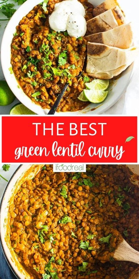 Green Lentil Curry is hearty, wholesome, and comforting with a delicious blend of lentils, coconut milk, and warming spices for a naturally vegan, protein packed meal. Cook on the stove, in an Instant Pot, crockpot, or even prepare it as a freezer meal! Green Lentil Dahl Recipe, Lentil Recipes Crockpot, Lentils Coconut Milk, Green Lentil Curry, Slow Cooker Lentil Curry, Green Lentil Recipes, Lentil Recipes Indian, Lentils Instant Pot, Green Lentil Soup