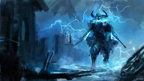 Tumblr, Thunder Monster Art, Dnd Tempest Cleric, Fantasy Scout, Tempest Cleric, Medieval Character, Viking Character, Thunder God, God Of Thunder