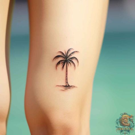 Unleashing the Tropical Vibe: The Beauty and Symbolism of Palm Tree Tattoos: 52 Designs - inktat2.com Mini Florida Tattoo, Hibiscus Palm Tree Tattoo, Coconut Palm Tree Tattoo, Palm Tree Line Tattoo, Little Palm Tree Tattoo, Small Palm Tree Tattoos For Women, Tenerife Tattoo Ideas, Wave And Palm Tree Tattoo, Palm Tattoo Design