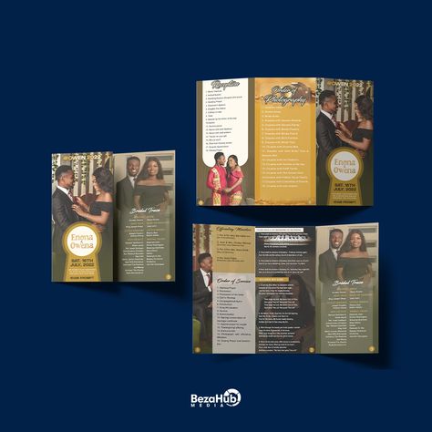 Trifold wedding program booklet design Wedding Program Trifold, Program Booklet Design, Wedding Program Booklet, Jotter Design, Illustrator Designs, Wedding Booklet, Wedding Program Design, Brochure Design Layouts, Wedding Brochure